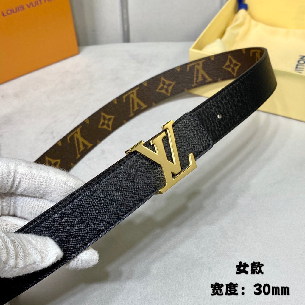 LOUIS VUITTON LV INITIALES 30 MM REVERSIBLE BELT IN BROWN MONOGRAM AND BLACK CALFSKIN GOLD HARDWARE
