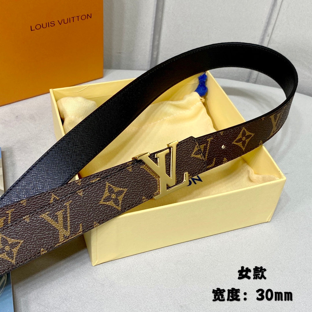 LOUIS VUITTON LV INITIALES 30 MM REVERSIBLE BELT IN BROWN MONOGRAM AND BLACK CALFSKIN GOLD HARDWARE