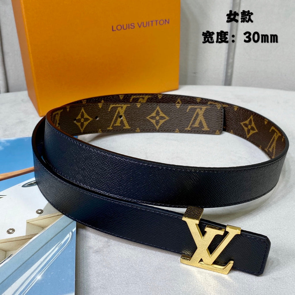 LOUIS VUITTON LV INITIALES 30 MM REVERSIBLE BELT IN BROWN MONOGRAM AND BLACK CALFSKIN GOLD HARDWARE