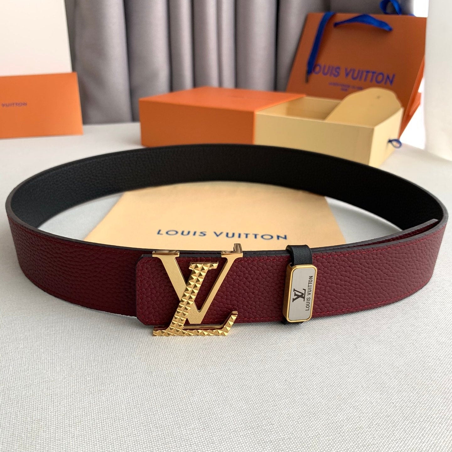 LOUIS VUITTON LV 25S BELT 38 MM IN DARK RED CALFSKIN 593214
