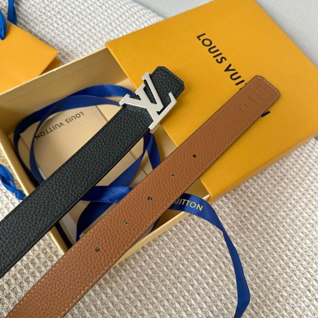 LOUIS VUITTON LV Initiales 30mm Reversible Belt Silver Buckle Tan Black Leather