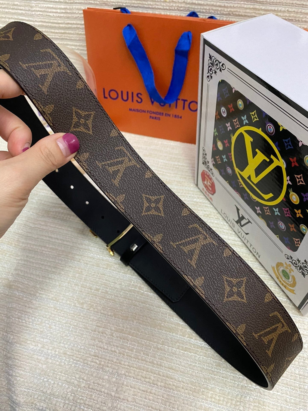 LOUIS VUITTON LV 25S BELT 38 MM IN DARK BROWN CALFSKIN PRINT PATTERNS 593286