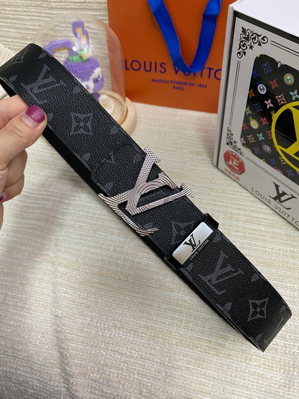 LOUIS VUITTON LV 25S BELT 38 MM IN BLACK CALFSKIN PRINT PATTERNS 593287