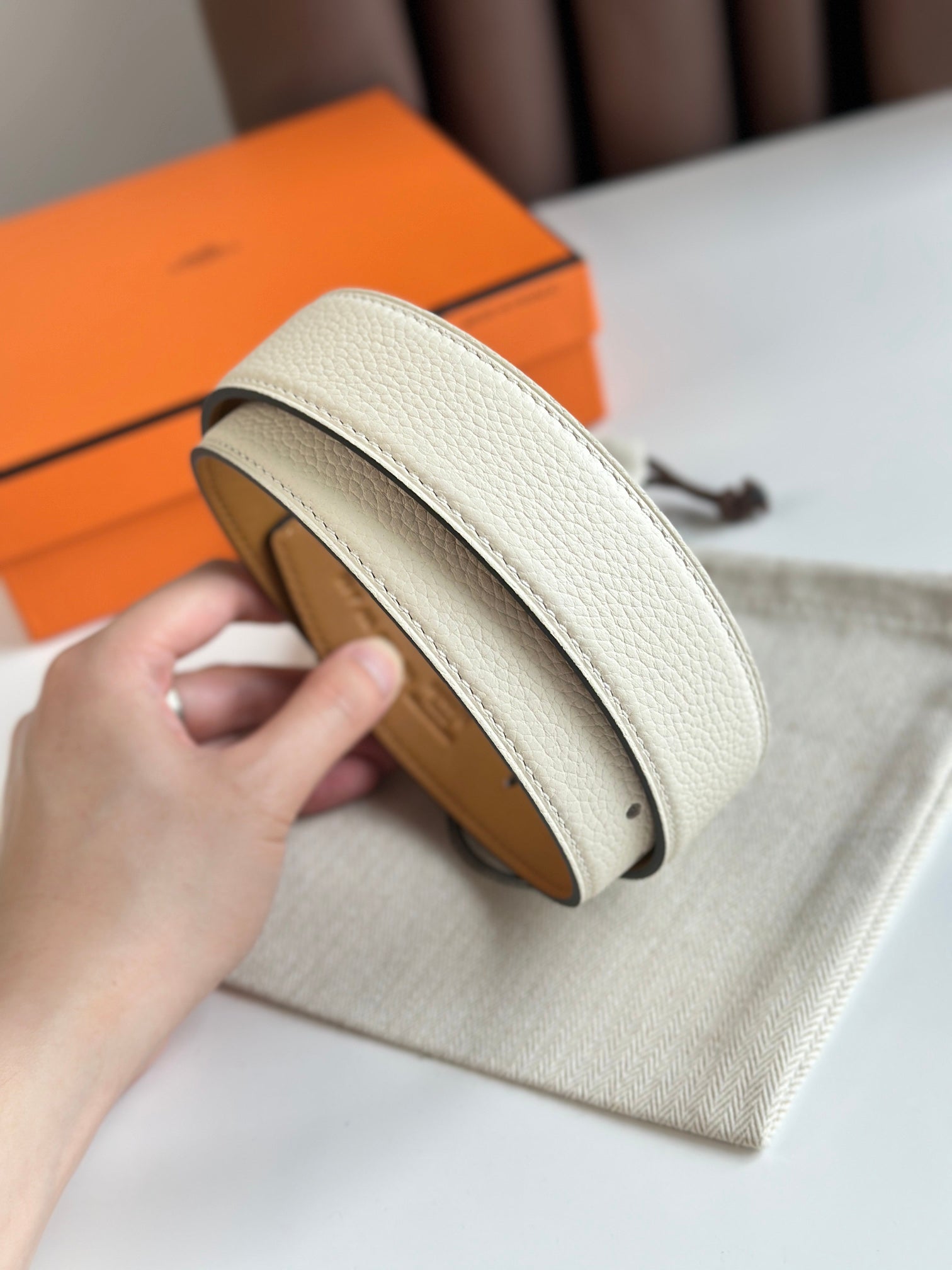 HM ROMAIN 35MM BELT WHITE CREAM LEATHER SILVER HARDWARE|Hermès belt