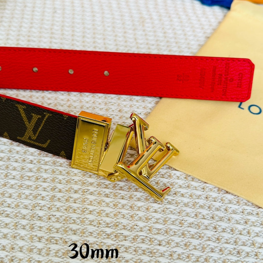 LOUIS VUITTON LV Initiales 30mm Reversible Belt Gold Rotating Buckle Red Brown Leather