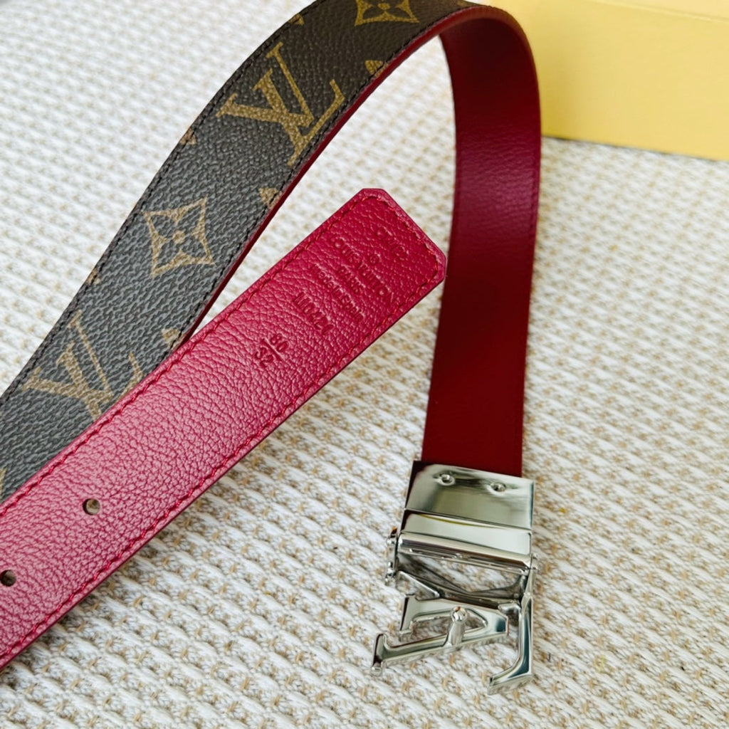 LOUIS VUITTON LV Initiales 30mm Reversible Belt Silver Rotating Buckle Burgundy Brown Leather