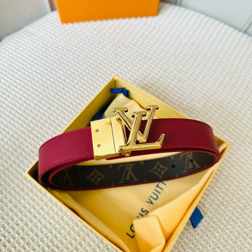 LOUIS VUITTON LV Initiales 30mm Reversible Belt Gold Rotating Buckle Burgundy Brown Leather