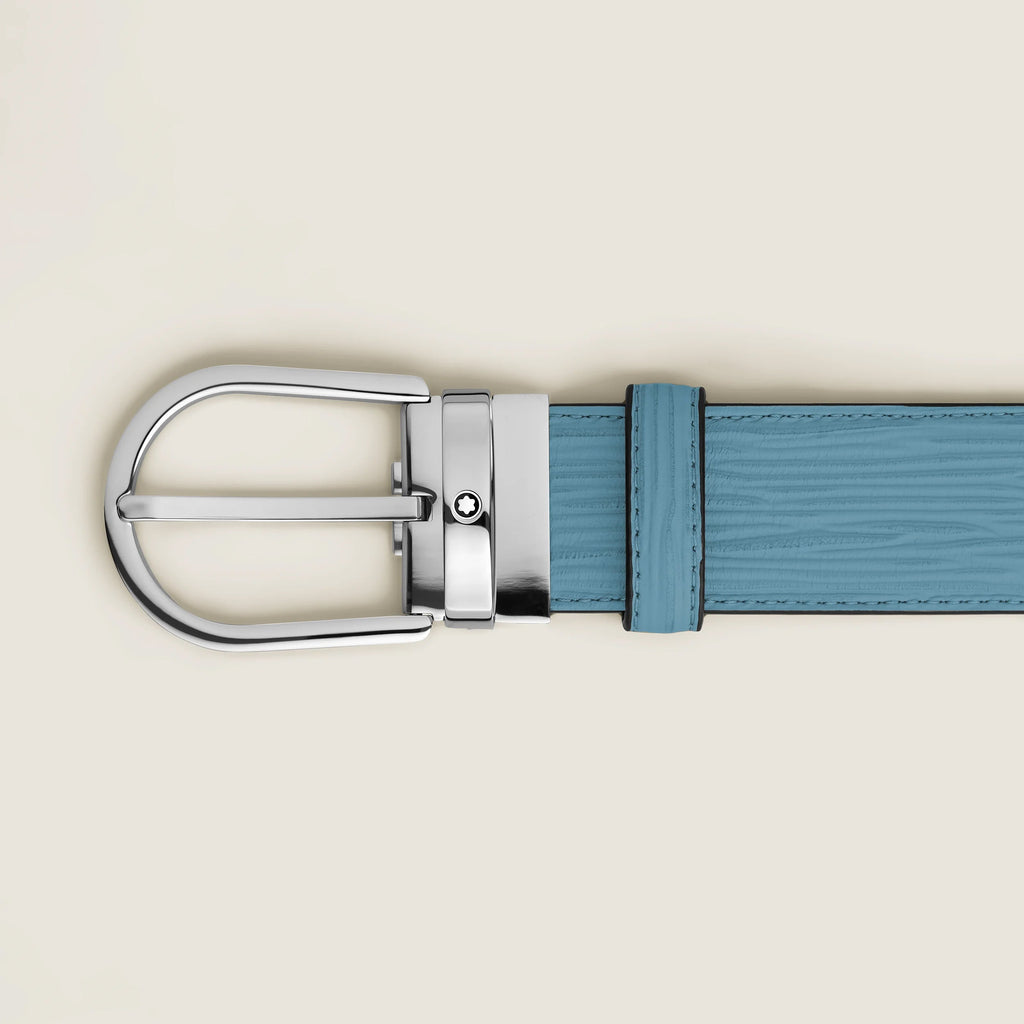 Montblanc belt 35 mm smoked blue leather with horseshoe buckle 199645