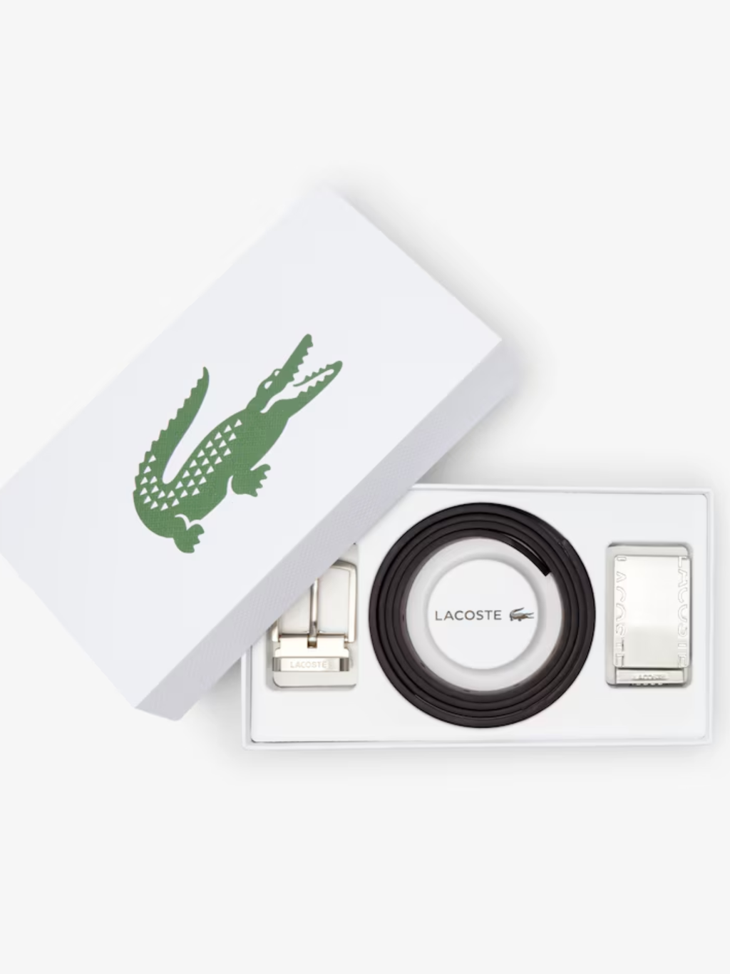 LACOSTE Smooth Leather Belt and 2 Buckle Gift Set Black Brown