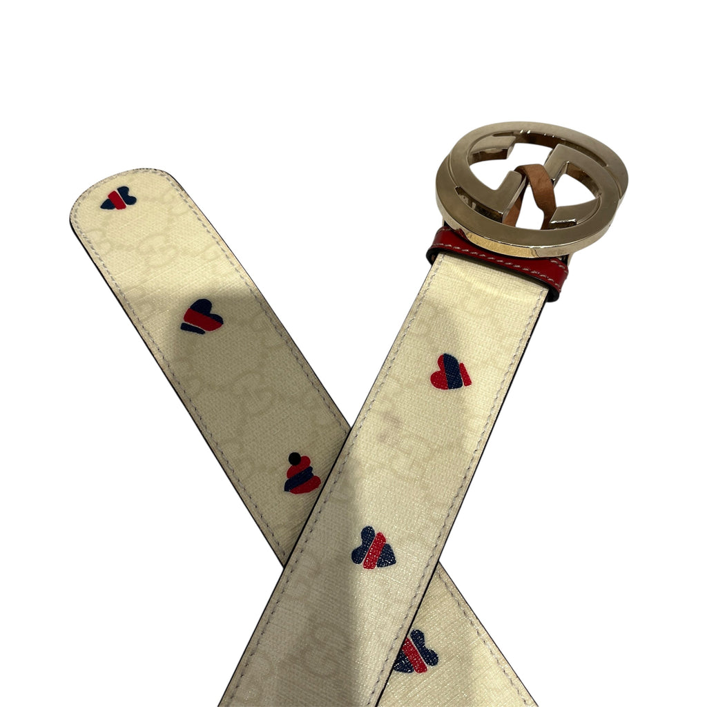 GUCCI/Belt/Monogram/Leather/CRM/RED BLUE HEARTS