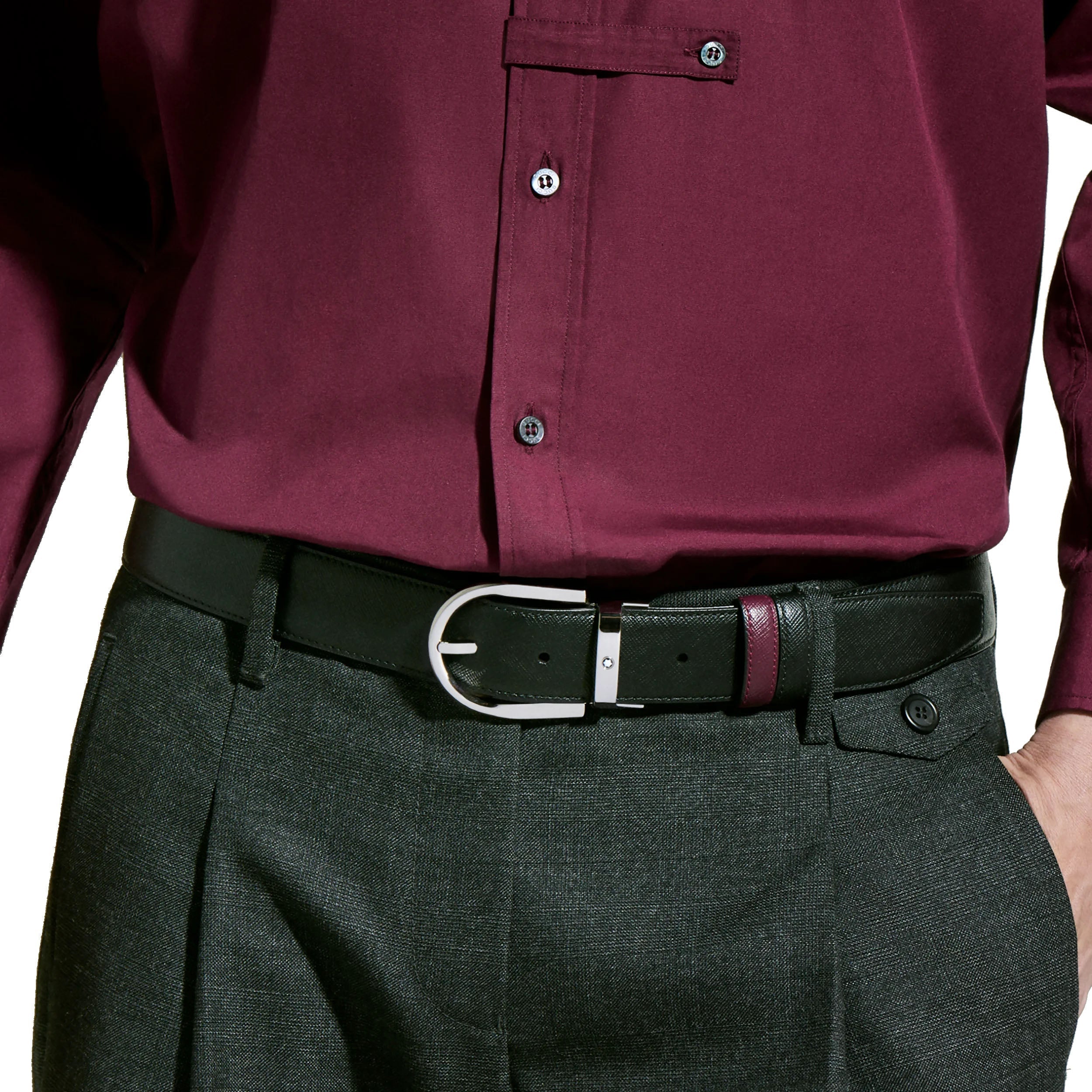 Montblanc reversible belt 35 mm black/cassis leather with horseshoe buckle 199638