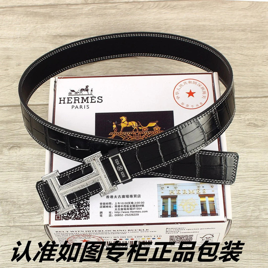 HM Original Belt 38mm Black Crocodile Pattern Sliver Buckle 620265 |Hermès belt