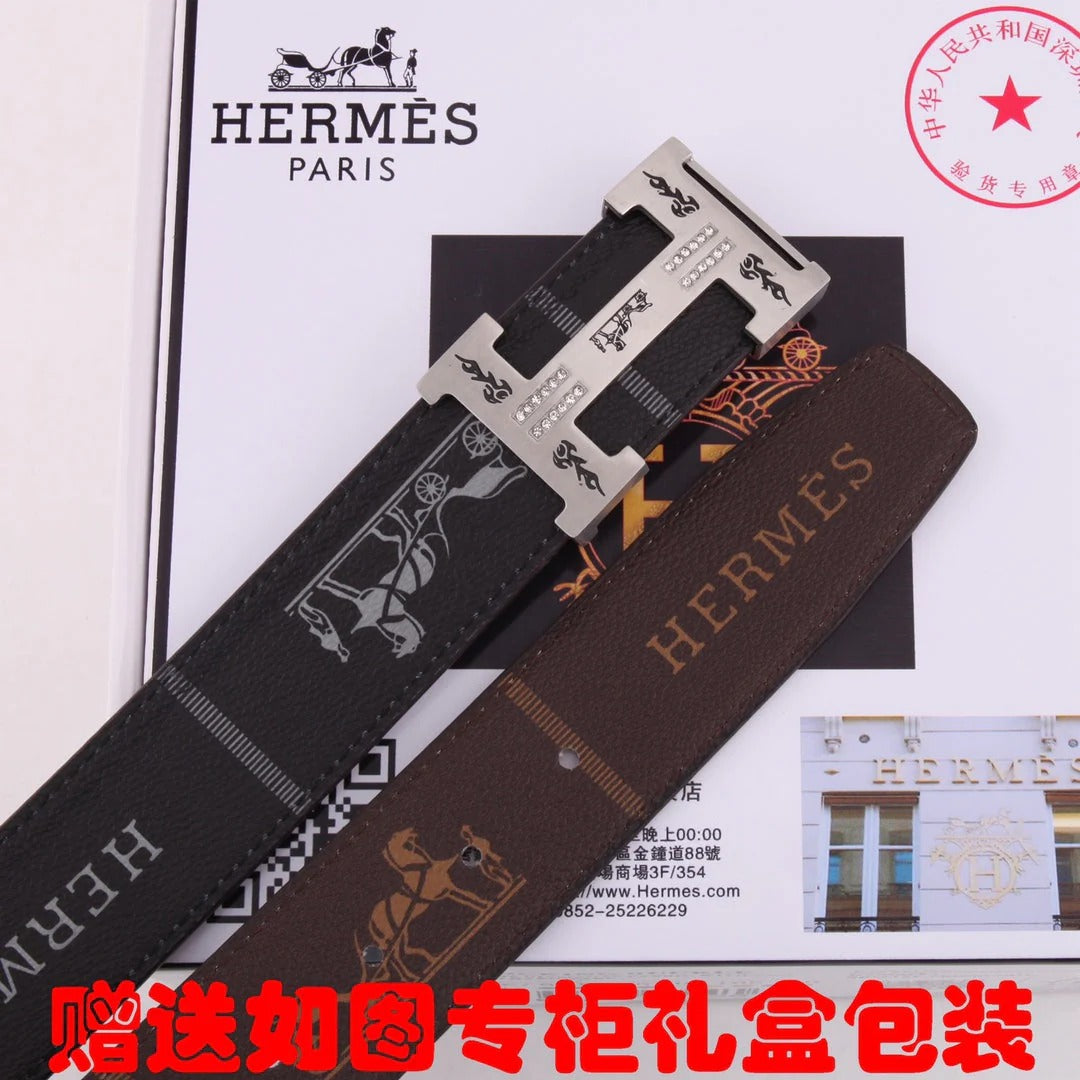 HM Constance Belt 38mm Black Brown Cowhide Sliver Buckle 620188|Hermès belt