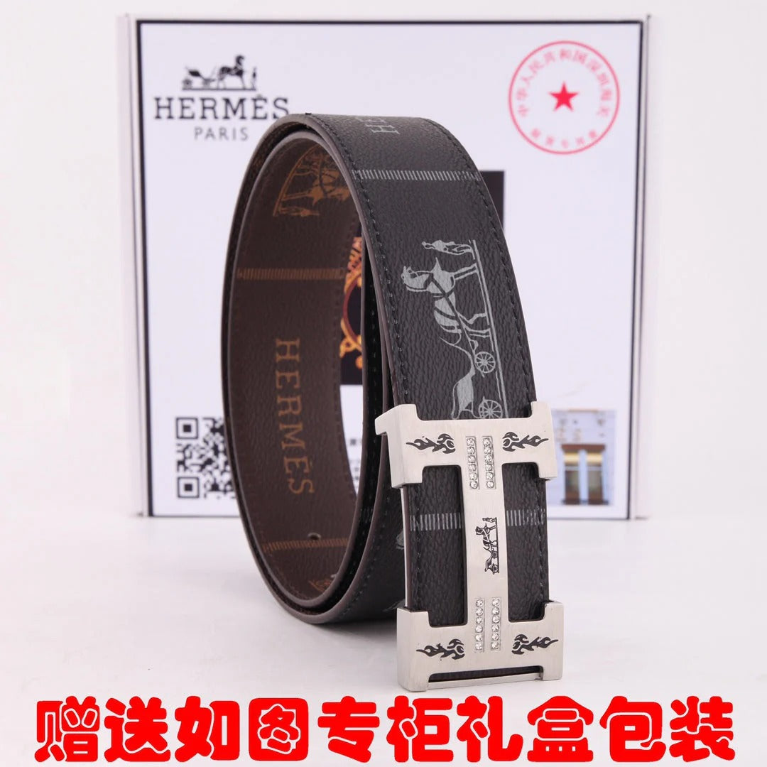 HM Constance Belt 38mm Black Brown Cowhide Sliver Buckle 620188|Hermès belt