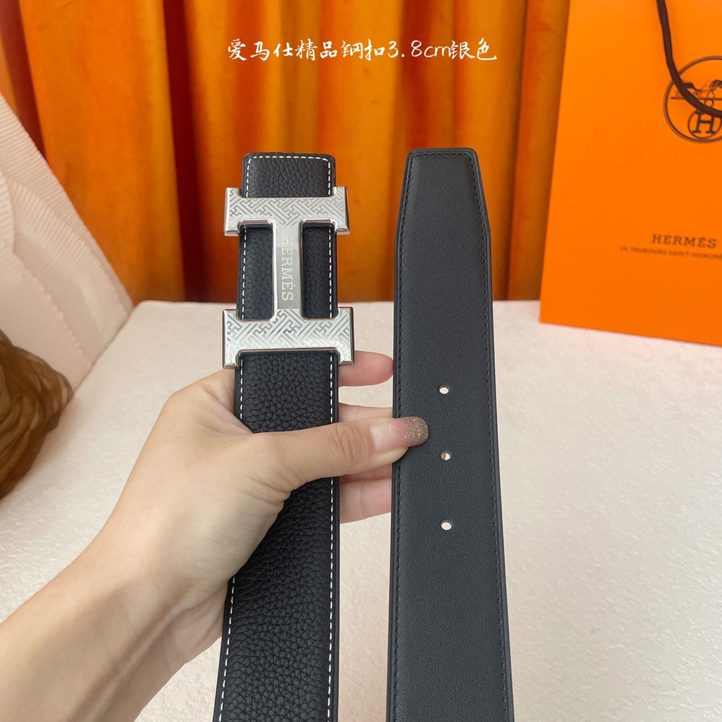 HM Silver Buckle H Belt 38mm Black Calfskin 187186|Hermès belt