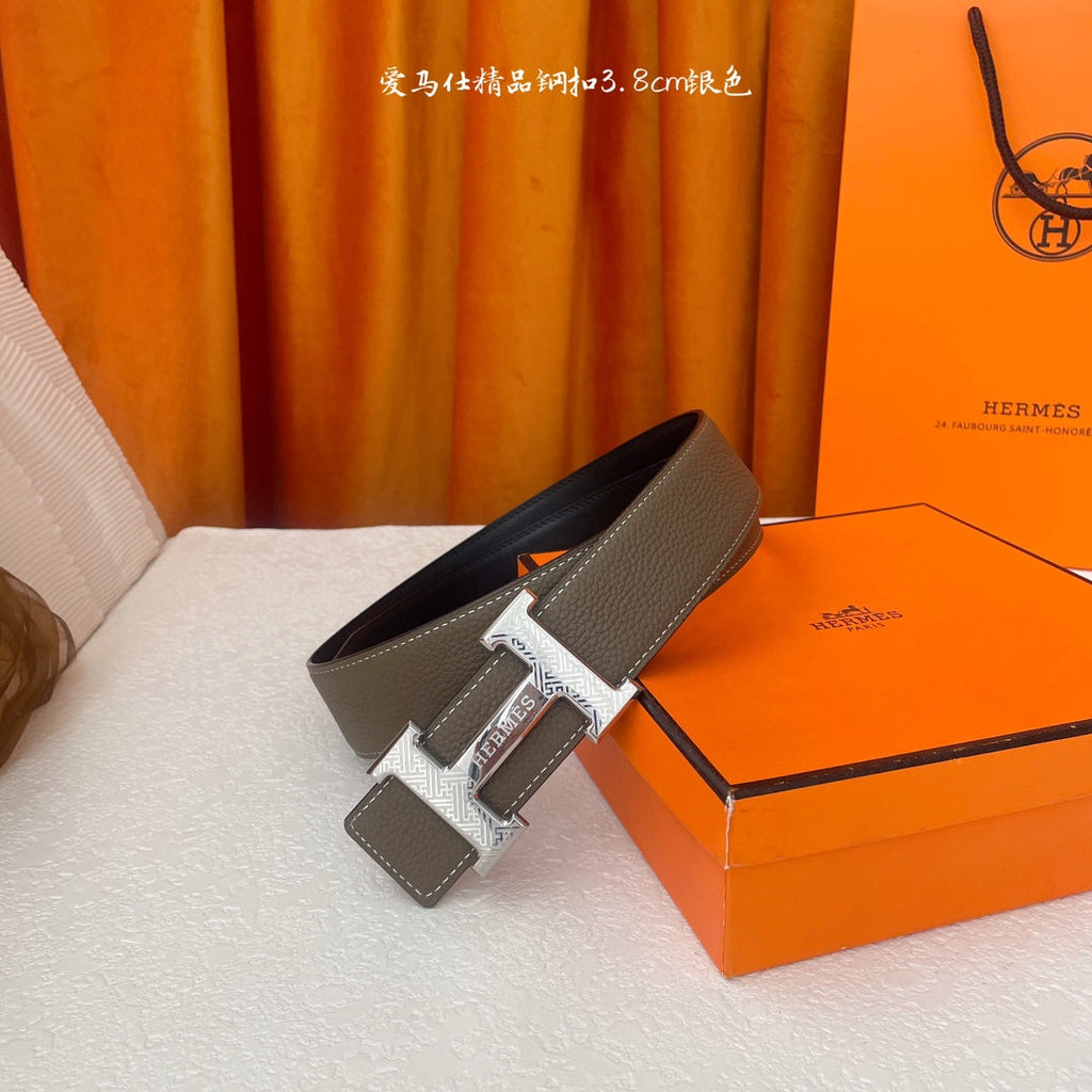 HM Silver Buckle H Belt 38mm Etoupe Calfskin 187184|Hermès belt