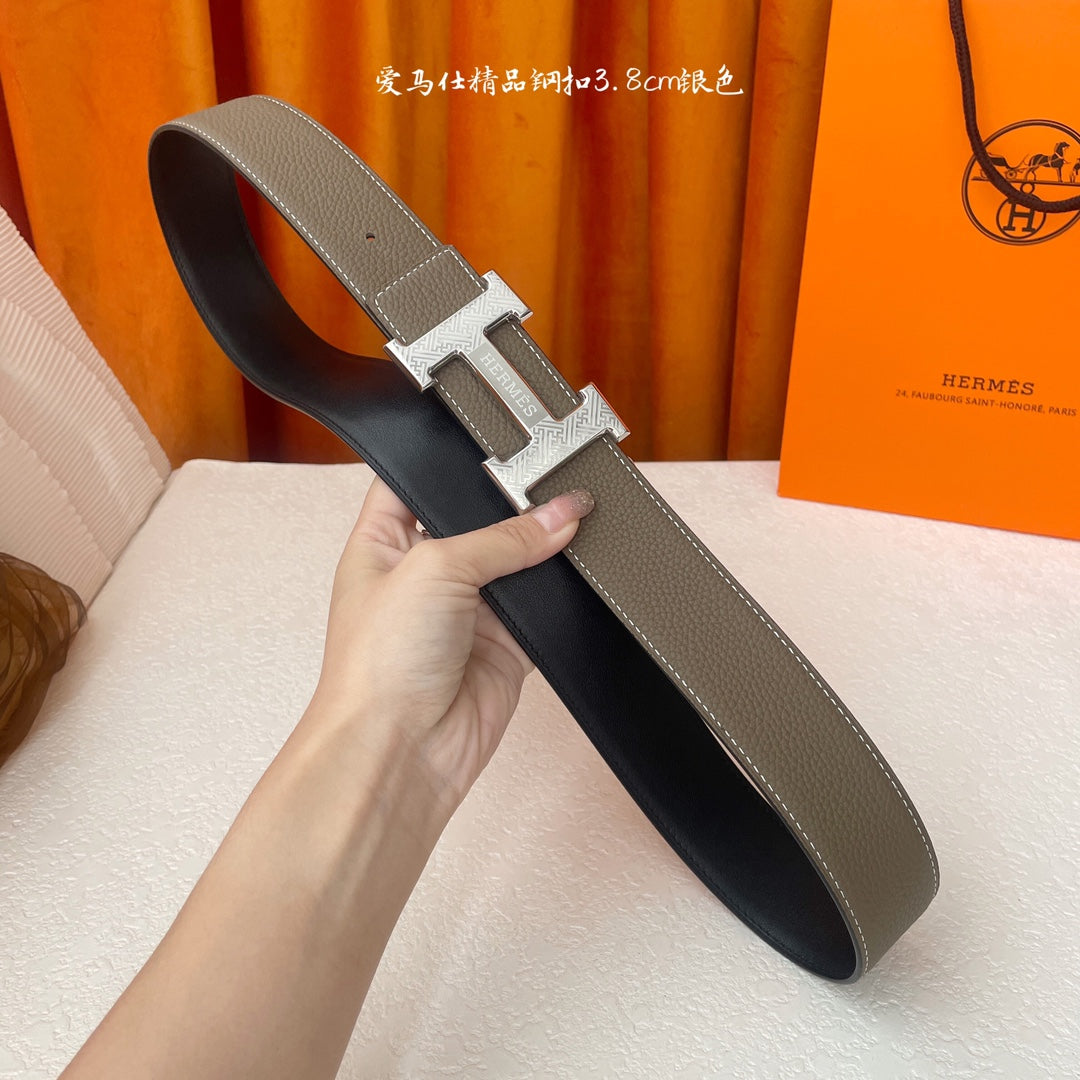 HM Silver Buckle H Belt 38mm Etoupe Calfskin 187184|Hermès belt