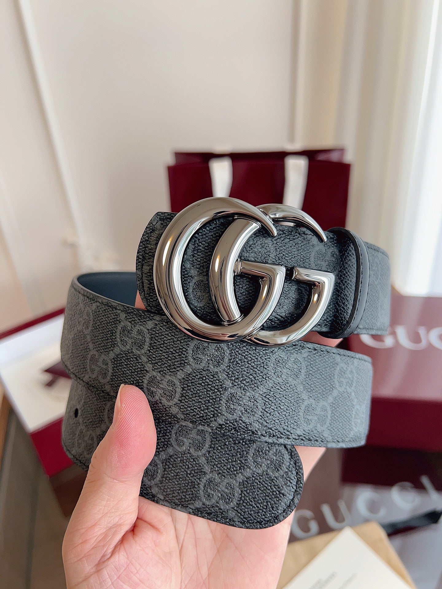 Gucci Belt Double G Blunt Copper Buckle 40mm Slate Gray Leather Canvas