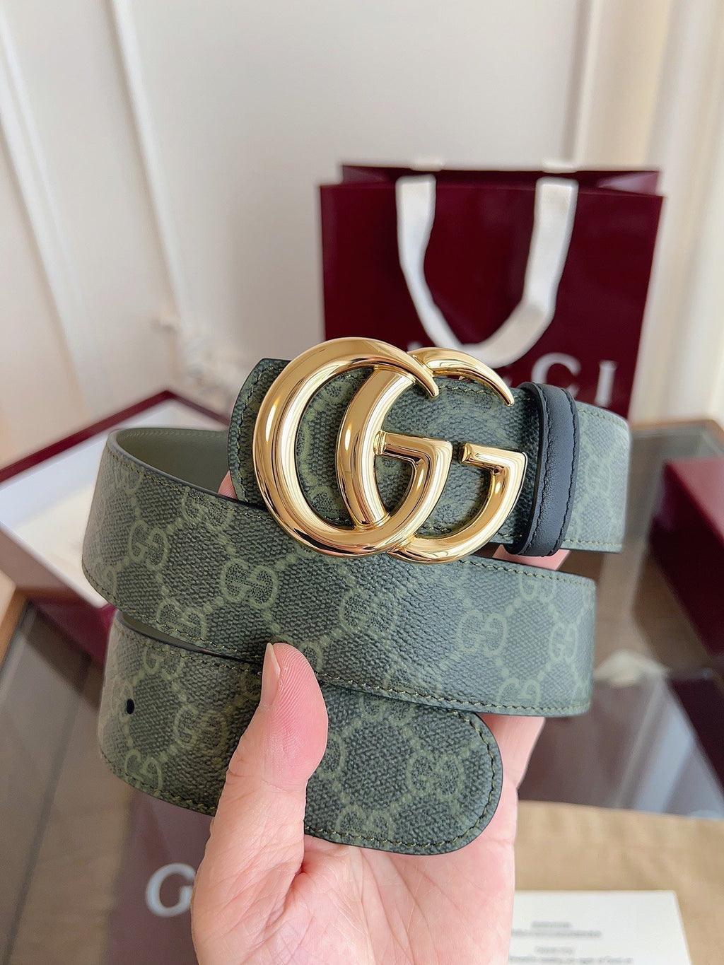 Gucci Belt  Double G Gold Buckle 40mm Green Leather Canvas