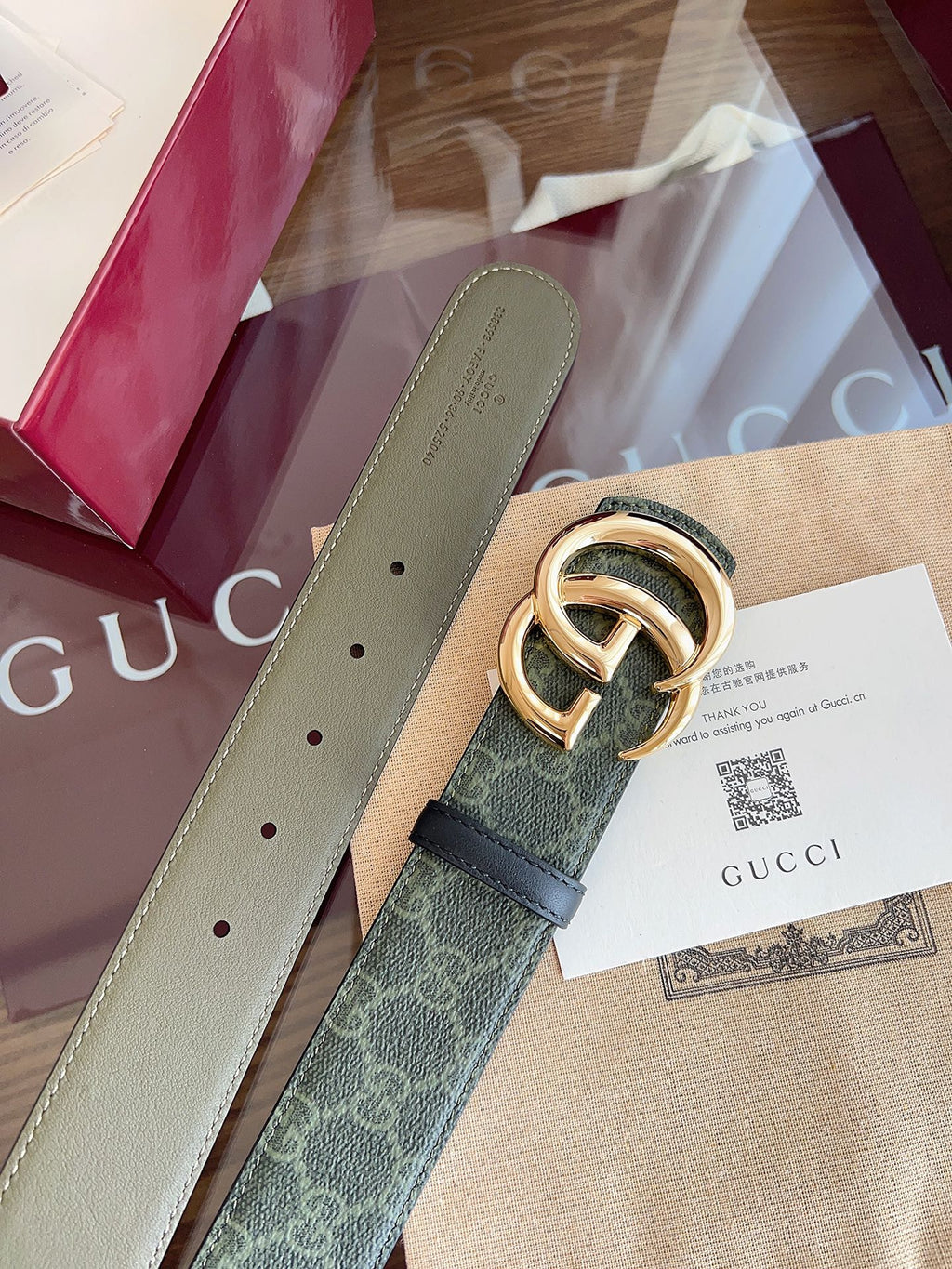 Gucci Belt  Double G Gold Buckle 40mm Green Leather Canvas