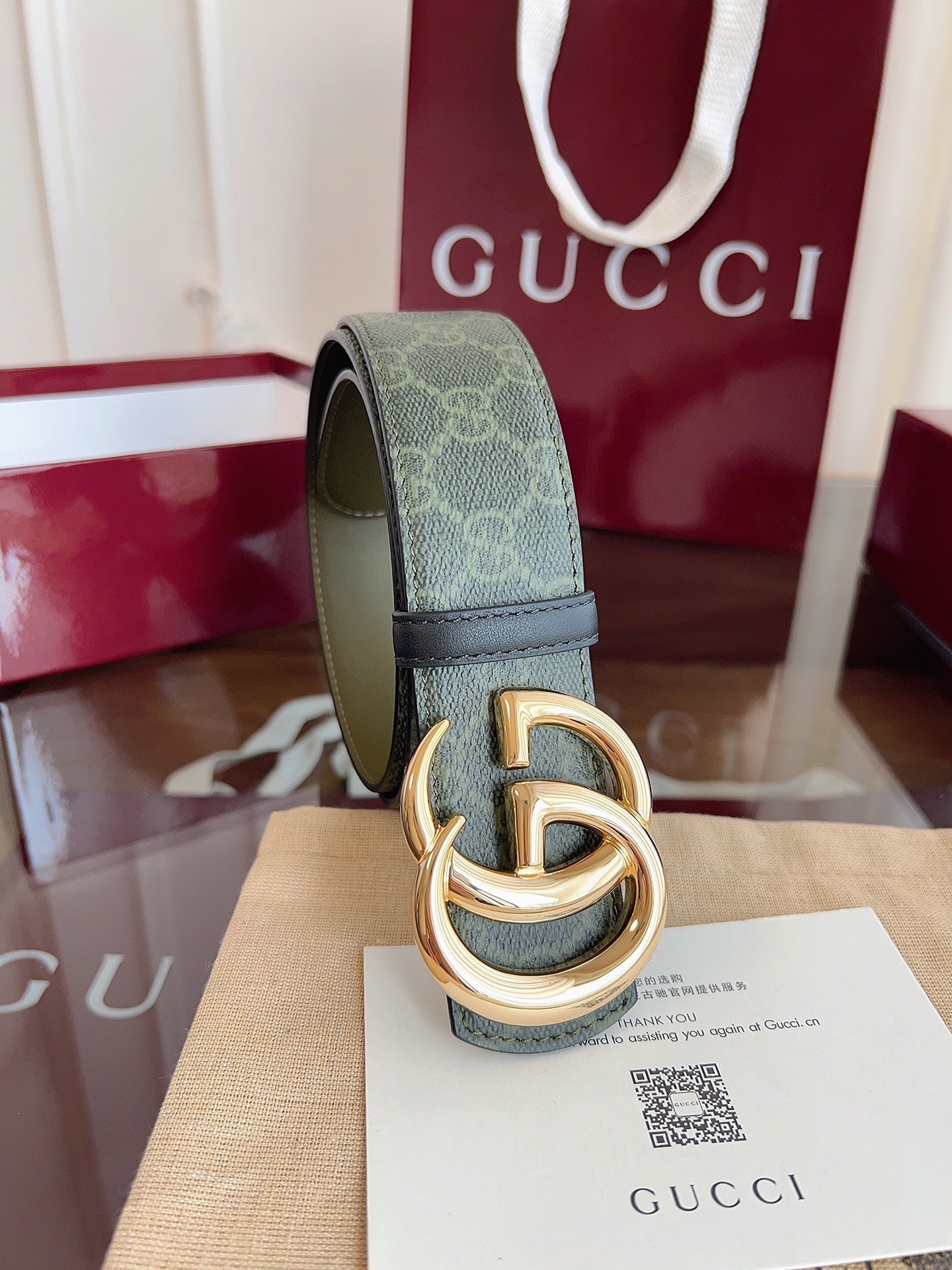 Gucci Belt  Double G Gold Buckle 40mm Green Leather Canvas