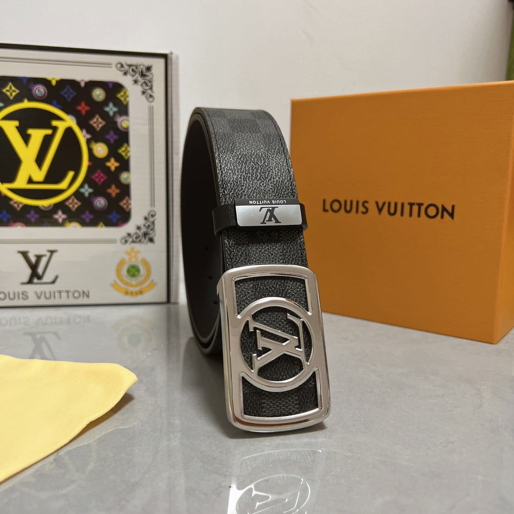 LOUIS VUITTON LV 25S BELT 38 MM IN BLACK MIX GREY CALFSKIN 593229