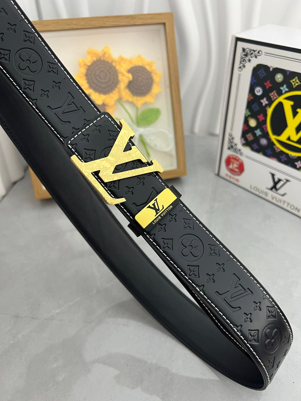 LOUIS VUITTON LV 25S BELT 38 MM IN BLACK CALFSKIN STAMP LOGO 593293