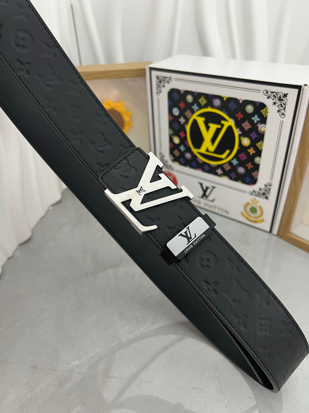 LOUIS VUITTON LV 25S BELT 38 MM IN BLACK CALFSKIN STAMP LOGO 593295