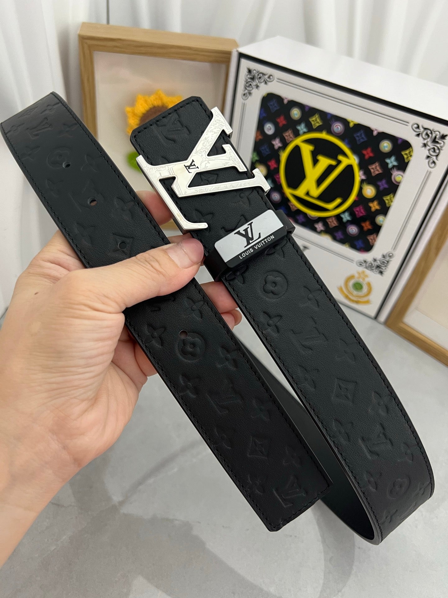 LOUIS VUITTON LV 25S BELT 38 MM IN BLACK CALFSKIN STAMP LOGO 593295