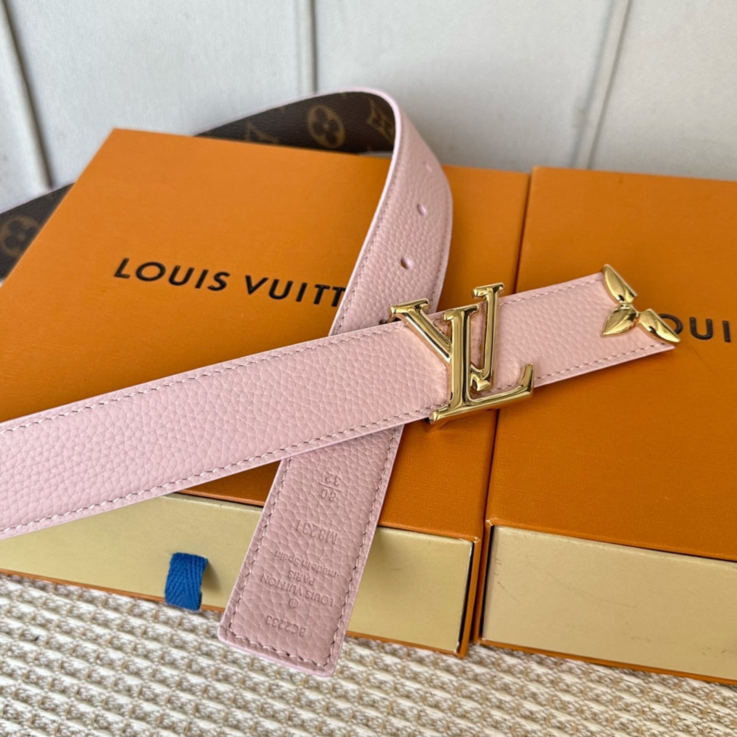 LOUIS VUITTON PRETTY LV 30MM REVERSIBLE BELT IN LIGHT PINK CALFSKIN GOLD HARDWARE