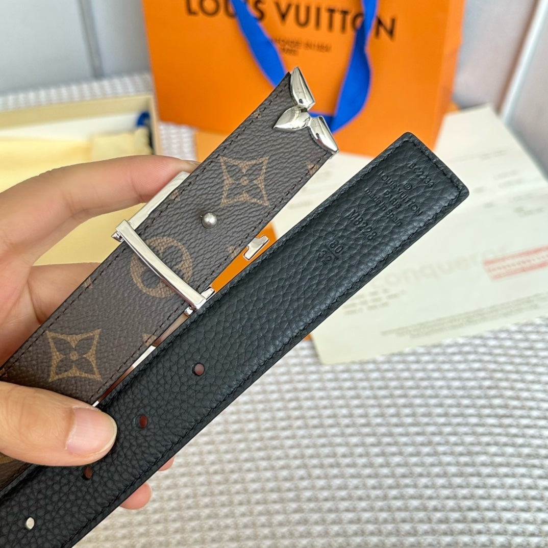 LOUIS VUITTON PRETTY LV 30MM REVERSIBLE BELT IN BLACK CALFSKIN SILVER HARDWARE