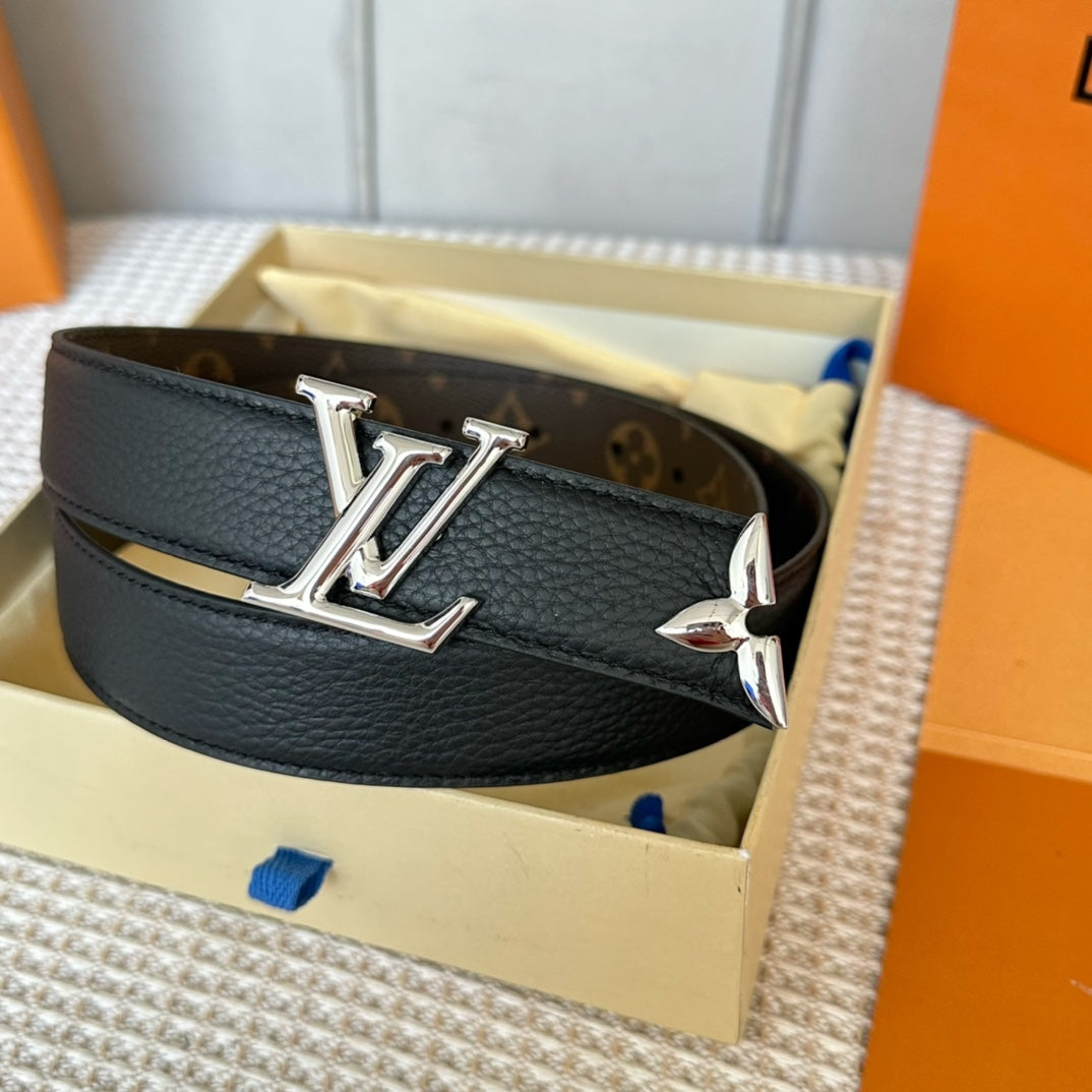 LOUIS VUITTON PRETTY LV 30MM REVERSIBLE BELT IN BLACK CALFSKIN SILVER HARDWARE