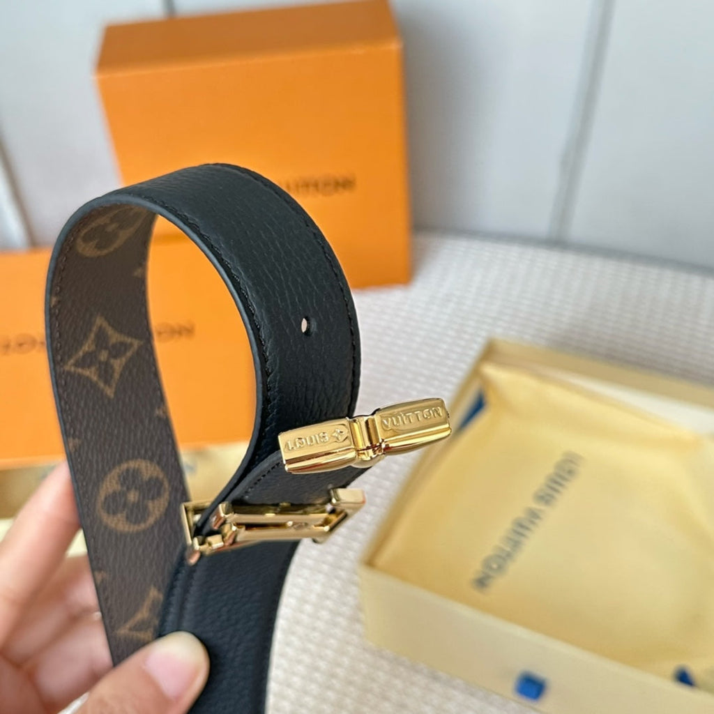 LOUIS VUITTON PRETTY LV 30MM REVERSIBLE BELT IN BLACK CALFSKIN GOLD HARDWARE