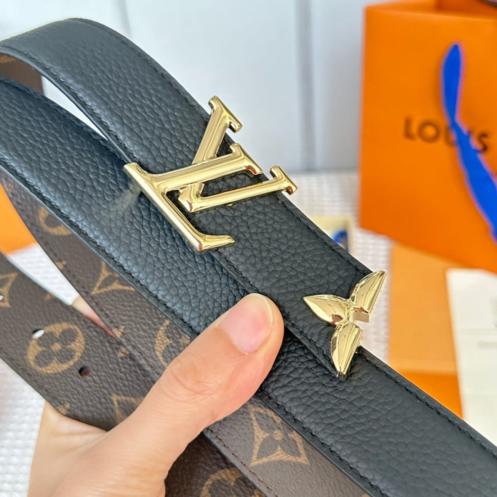 LOUIS VUITTON PRETTY LV 30MM REVERSIBLE BELT IN BLACK CALFSKIN GOLD HARDWARE