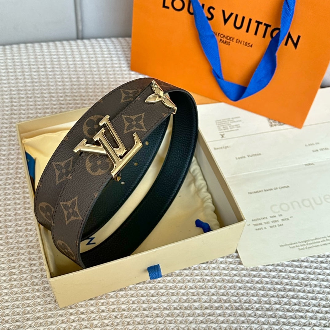 LOUIS VUITTON PRETTY LV 30MM REVERSIBLE BELT IN BLACK CALFSKIN GOLD HARDWARE