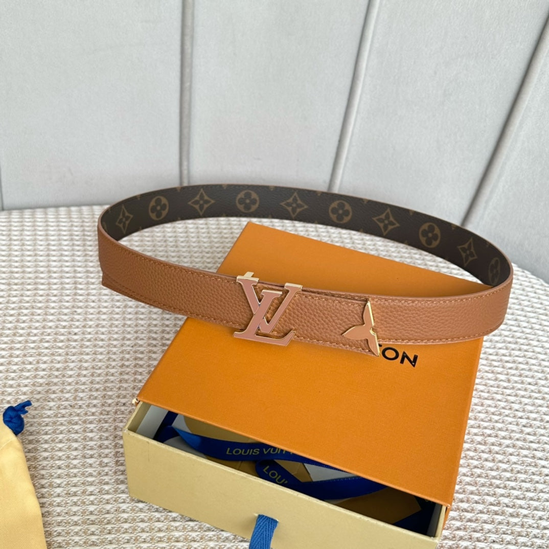 LOUIS VUITTON Pretty LV 30mm Reversible Belt Tan Gold Buckle Tan Brown Leather