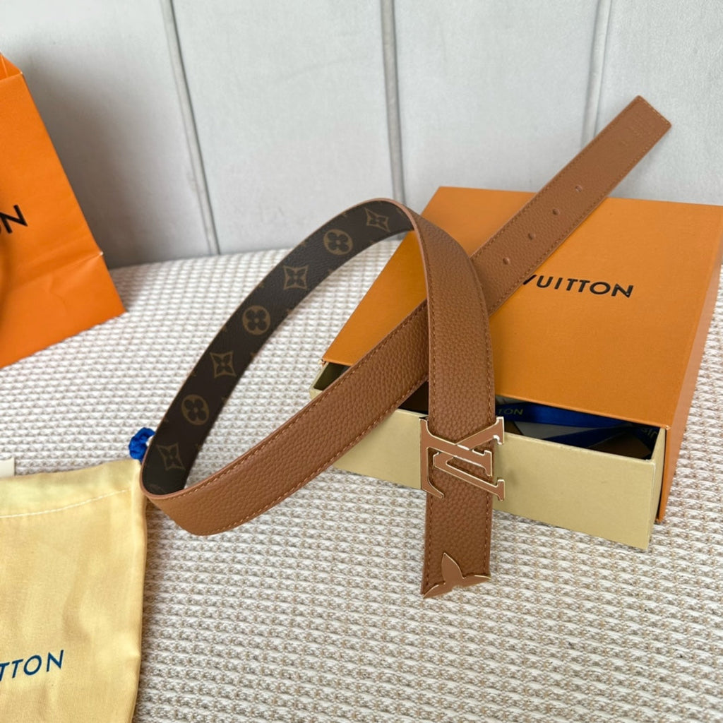LOUIS VUITTON Pretty LV 30mm Reversible Belt Tan Gold Buckle Tan Brown Leather