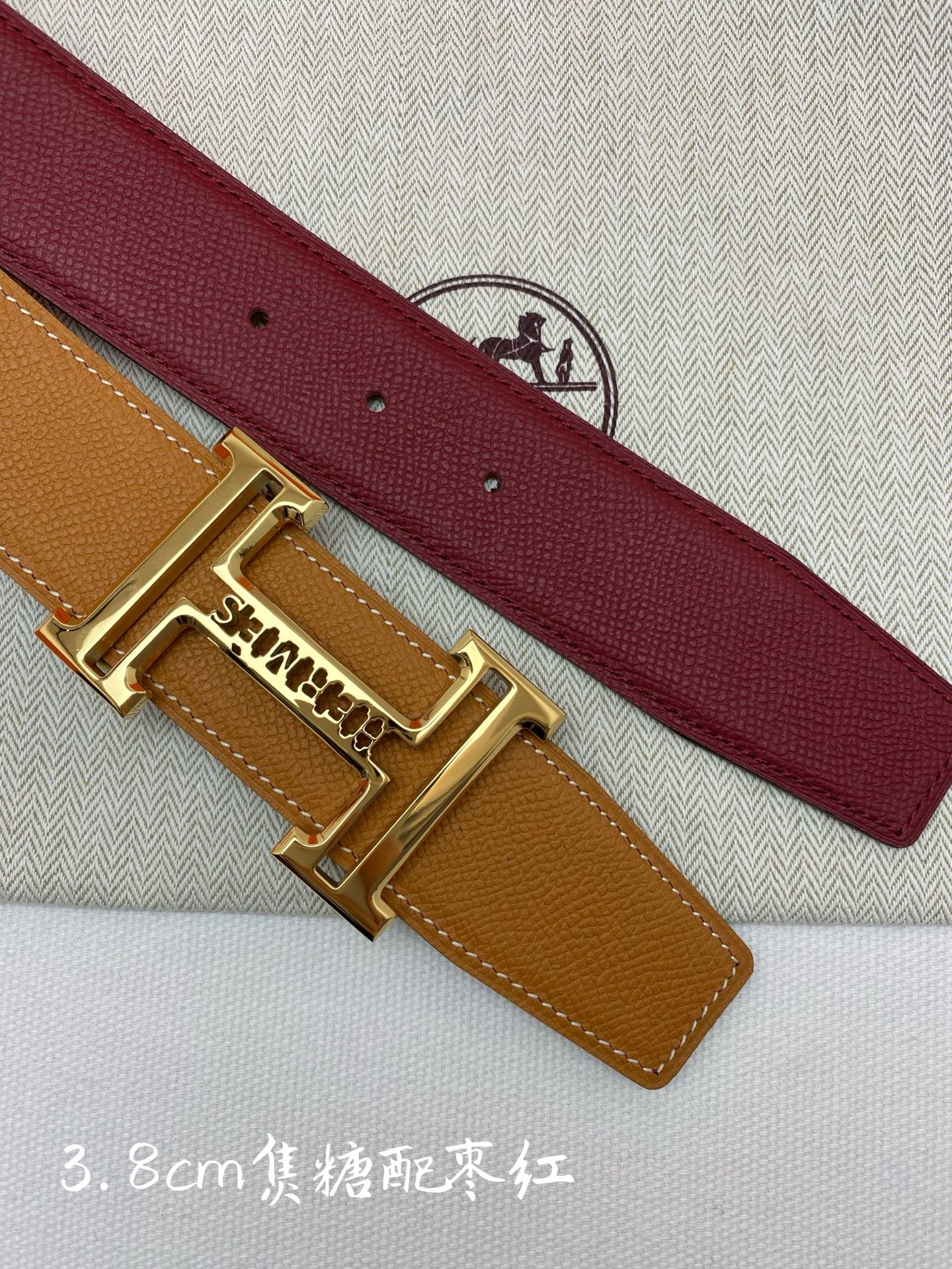HM 3.8 Double-Sided Belt Red Brown Gold Epsom Leather 200505 |Hermès belt