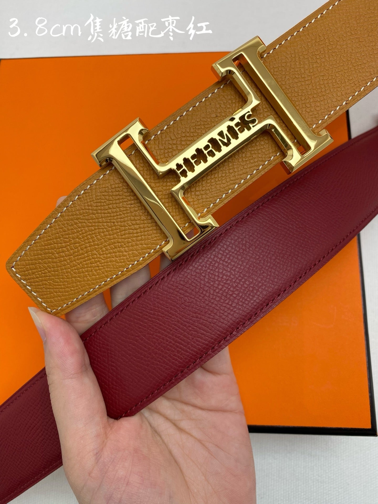 HM 3.8 Double-Sided Belt Red Brown Gold Epsom Leather 200505 |Hermès belt
