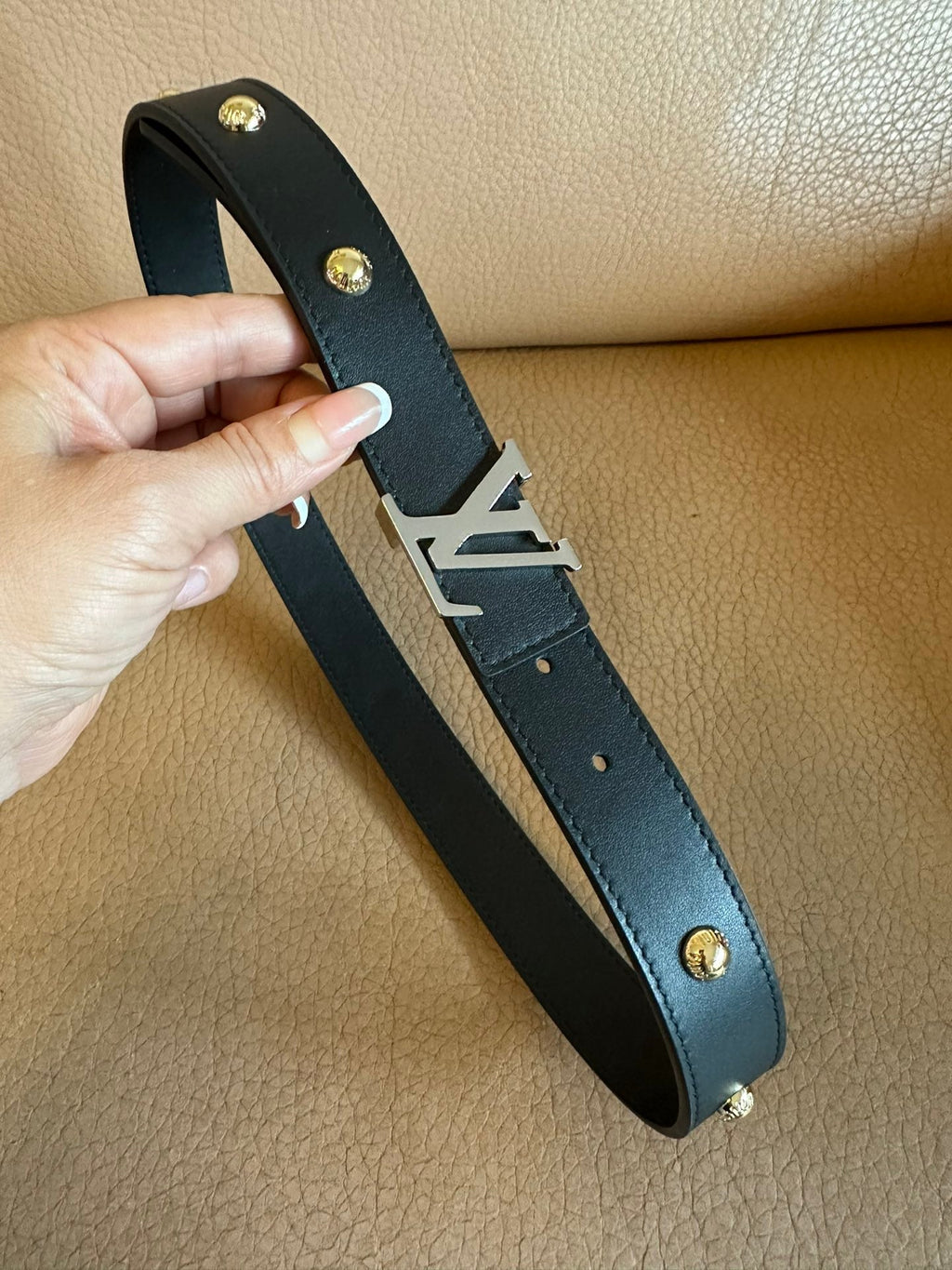 LOUIS VUITTON LV Initiales Studs 30mm Reversible Belt Silver Buckle Black Leather