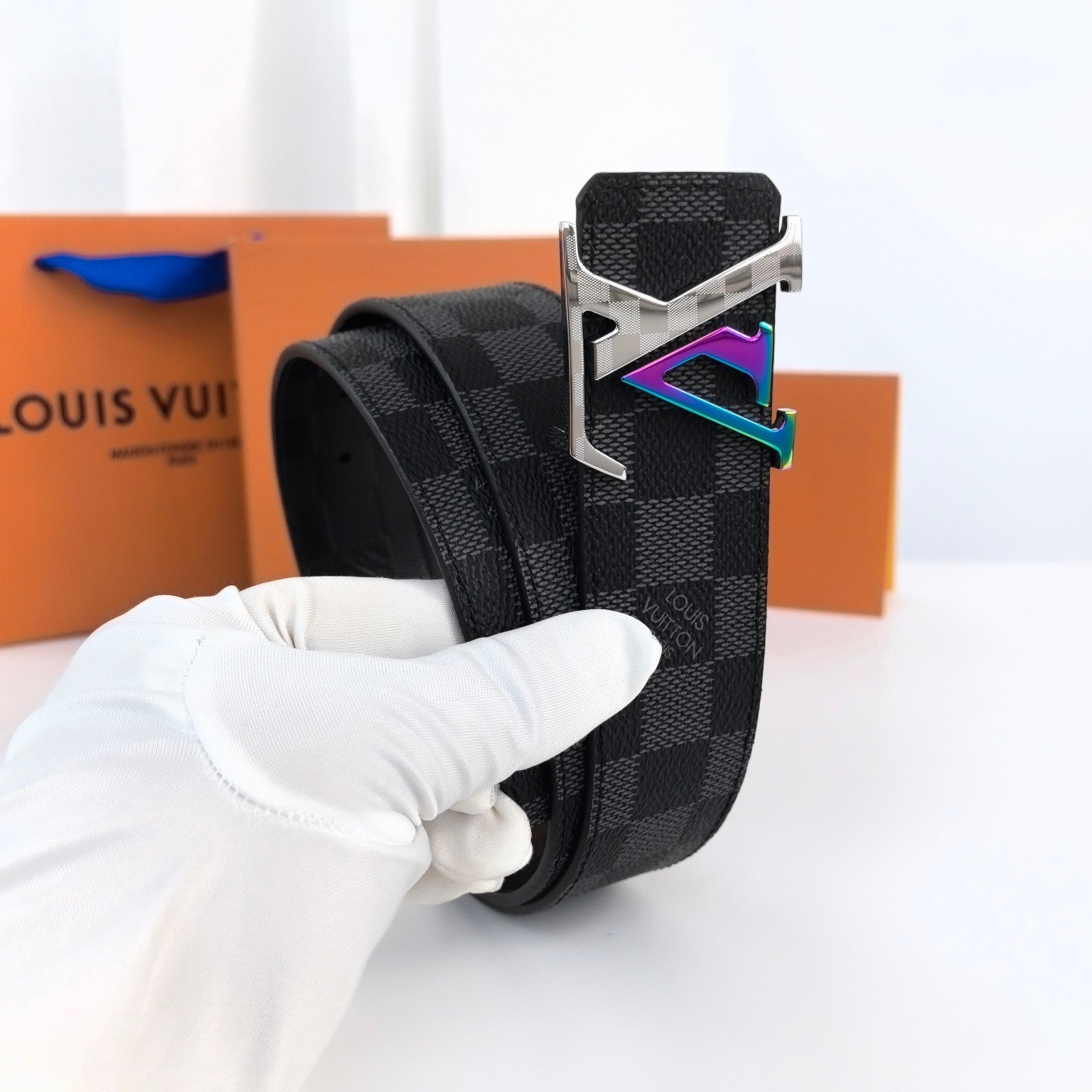 LOUIS VUITTON LV LARGE 40MM PYRAMIDE BELT BLACK DAMIER MONOGRAM CALFSKIN METAL HARDWARE