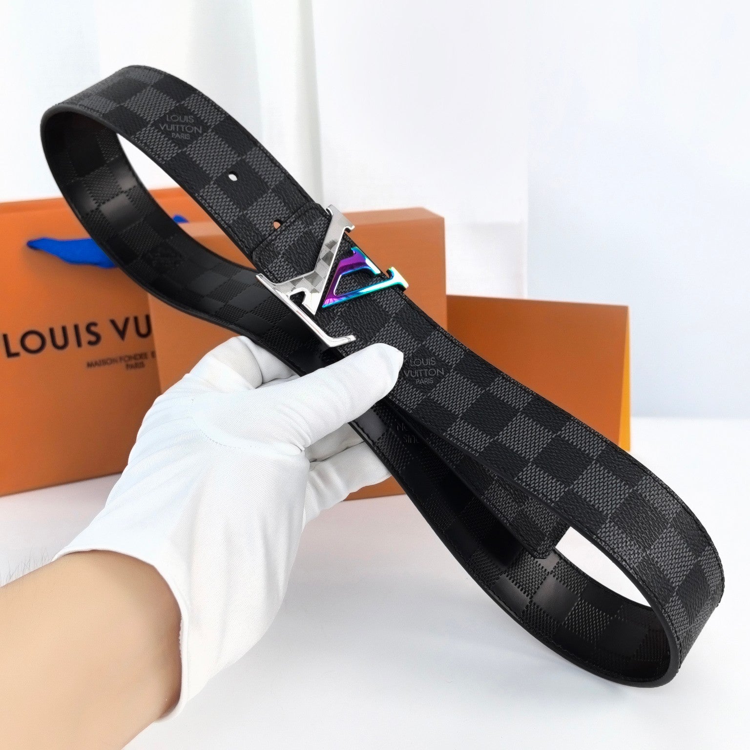 LOUIS VUITTON LV LARGE 40MM PYRAMIDE BELT BLACK DAMIER MONOGRAM CALFSKIN METAL HARDWARE