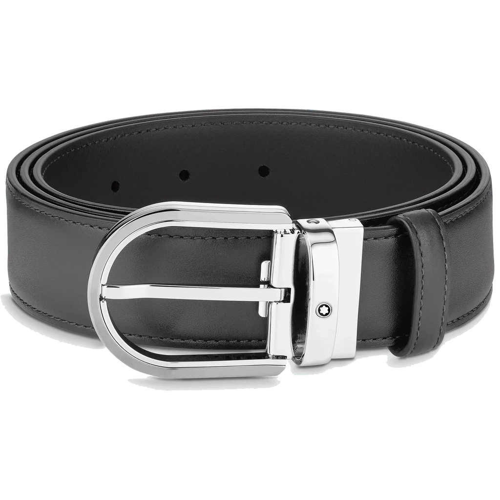 Montblanc 35mm gray leather belt with horseshoe buckle 129437